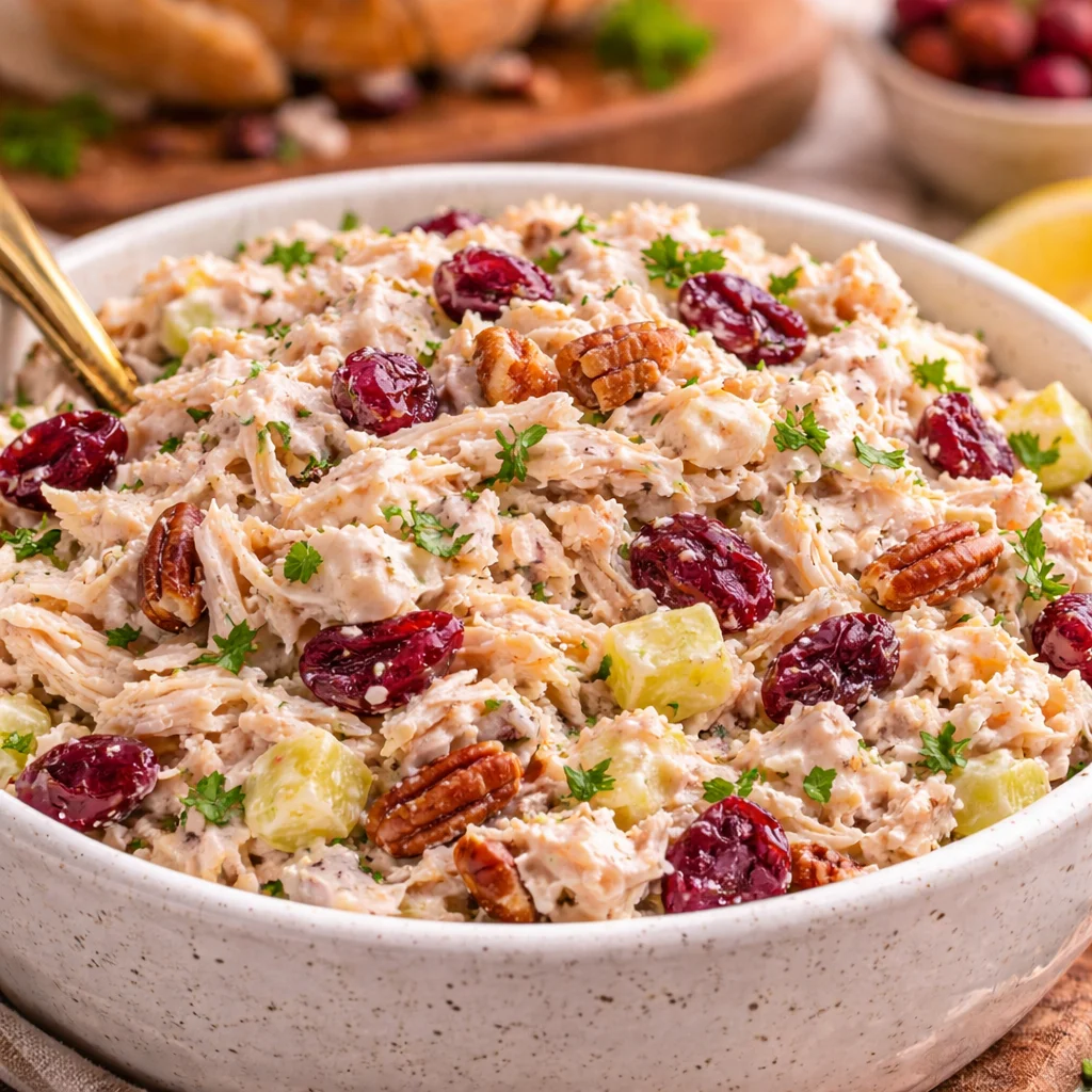 Delicious homemade Cranberry Chicken Salad with cranberries, chicken, celery, and pecans.