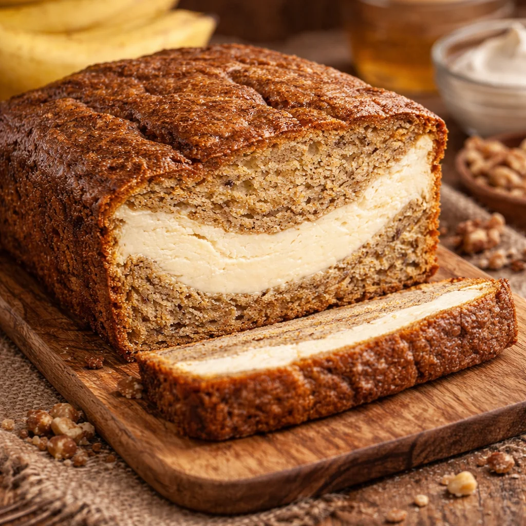 A slice of moist Cream Cheese Banana Bread with tangy cream cheese filling.