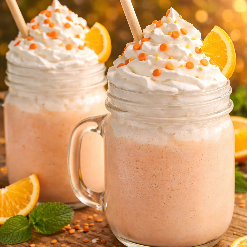 Refreshing CREAMSICLE BOOZY MILKSHAKE served with whipped cream and an orange slice.