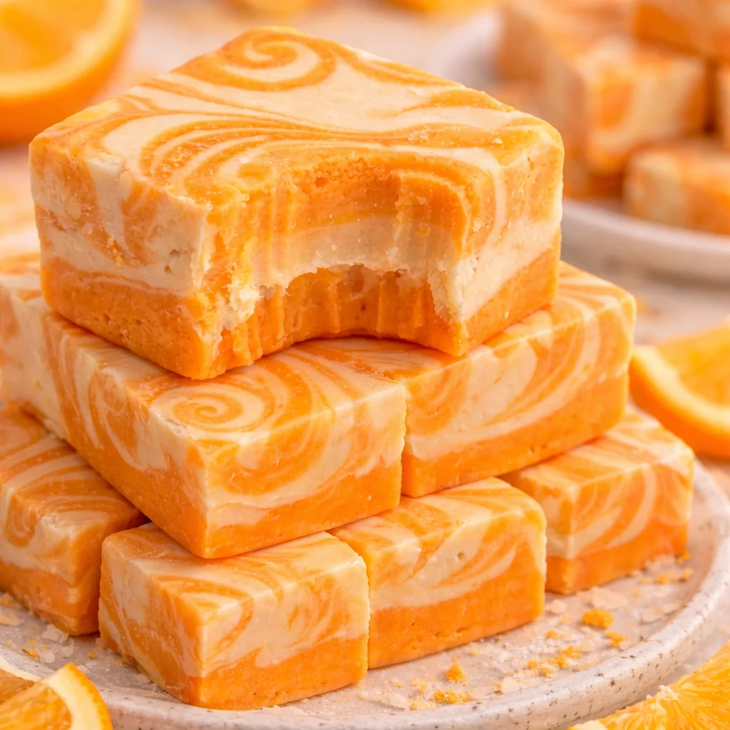 Delicious and creamy orange creamsicle fudge on a white plate.