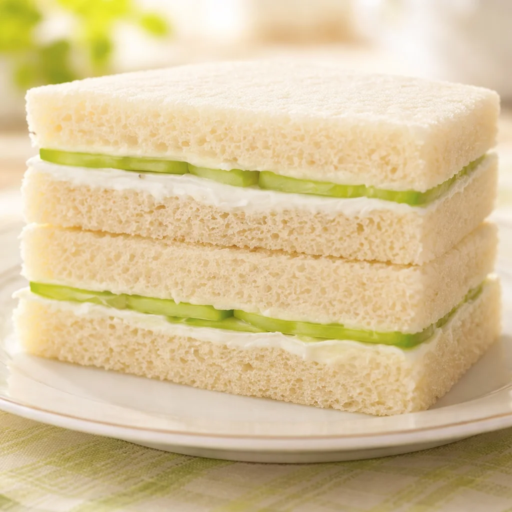 Elegant cucumber tea sandwiches with cream cheese and fresh cucumbers on soft bread.