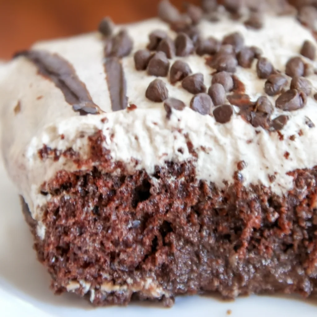 Decadent Death By Chocolate Poke Cake topped with chocolate pudding and whipped cream.