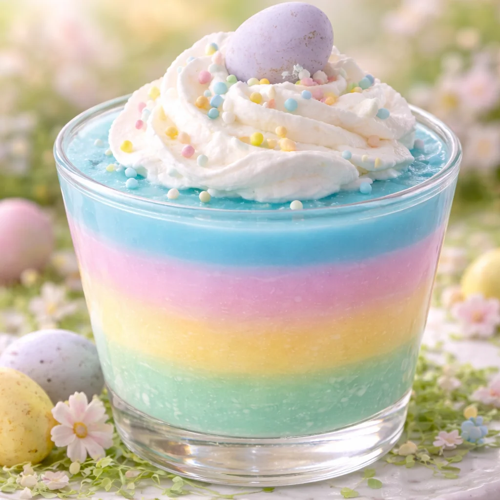 Colorful Easter Jello Cups decorated with pastel toppings and Peeps.