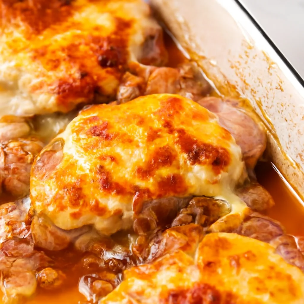 Delicious French Onion Pork Chop Casserole with melted cheese and caramelized onions.