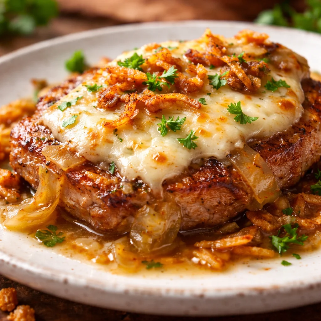 French Onion Pork Chops served with caramelized onions and melty cheese in a skillet.