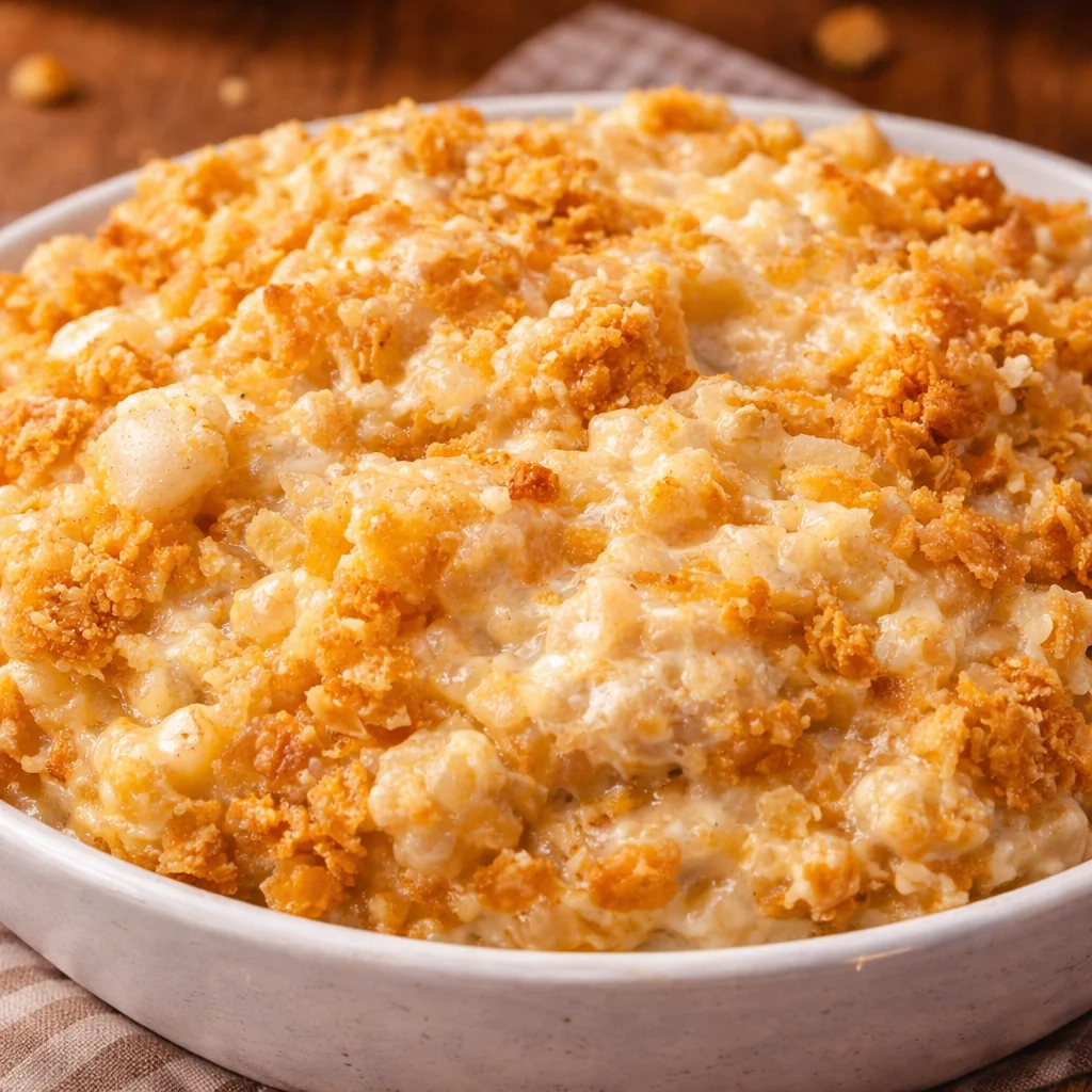 Cheesy Funeral Potatoes casserole with hash browns and crunchy cornflake topping