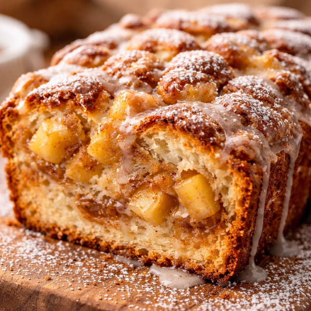 A delicious loaf of Glazed Apple Fritter Bread topped with vanilla glaze and cinnamon apples.