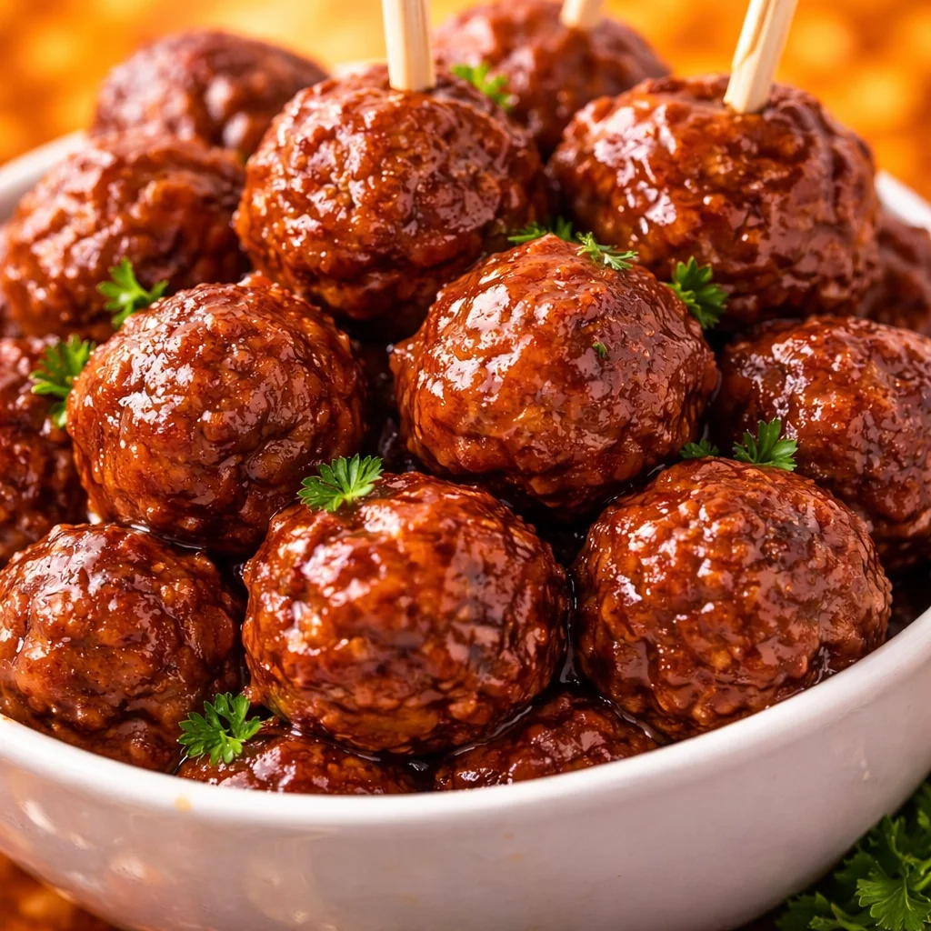 Grape Jelly Meatballs in a slow cooker with a BBQ sauce glaze.