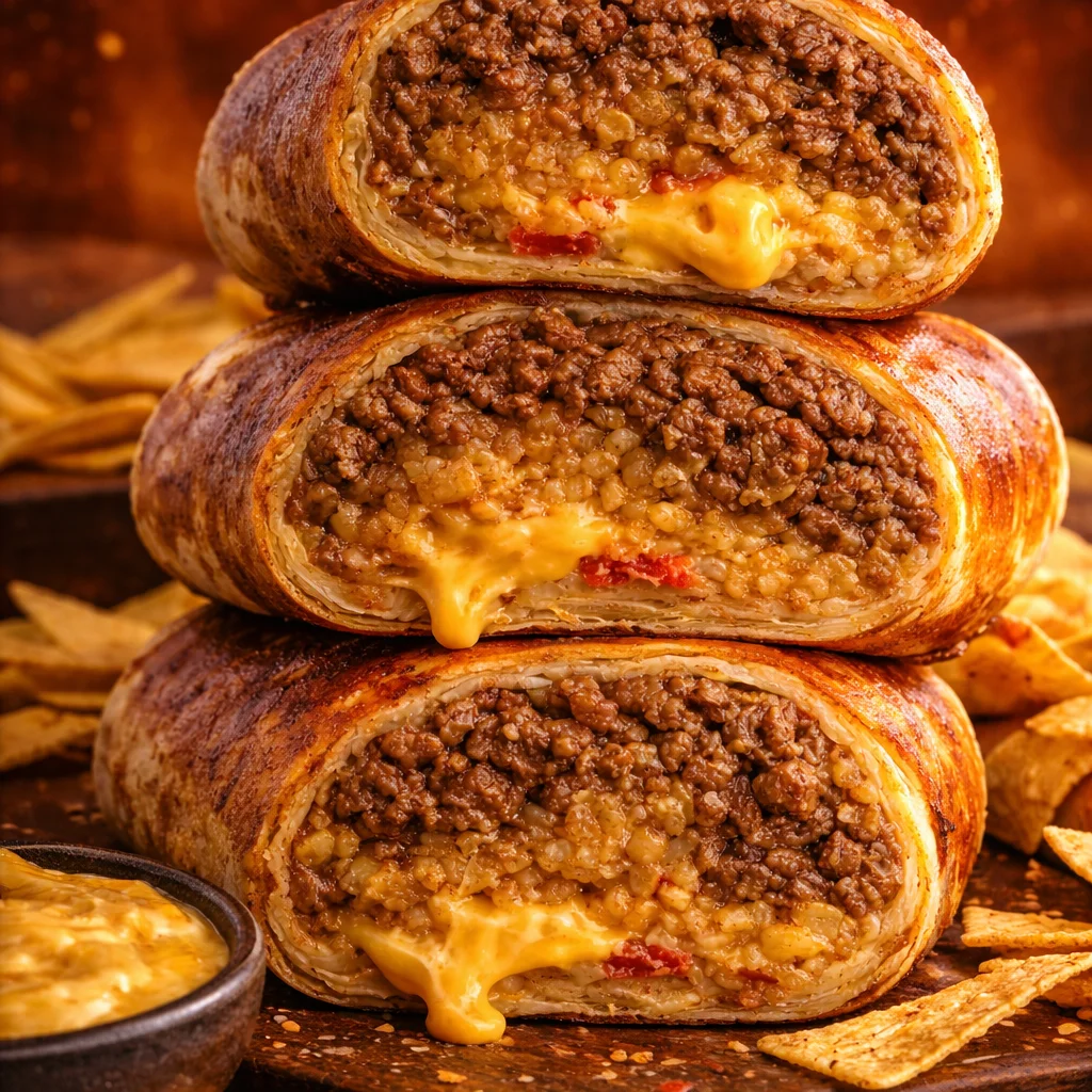 Delicious Grilled Cheese Burrito filled with seasoned beef, nacho cheese, and creamy sauces.