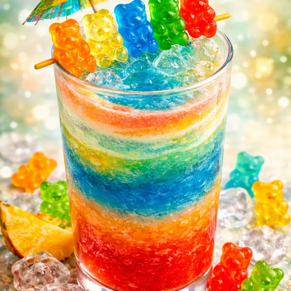 Colorful Gummy Bear Drink garnished with gummy bears and fruity ingredients.