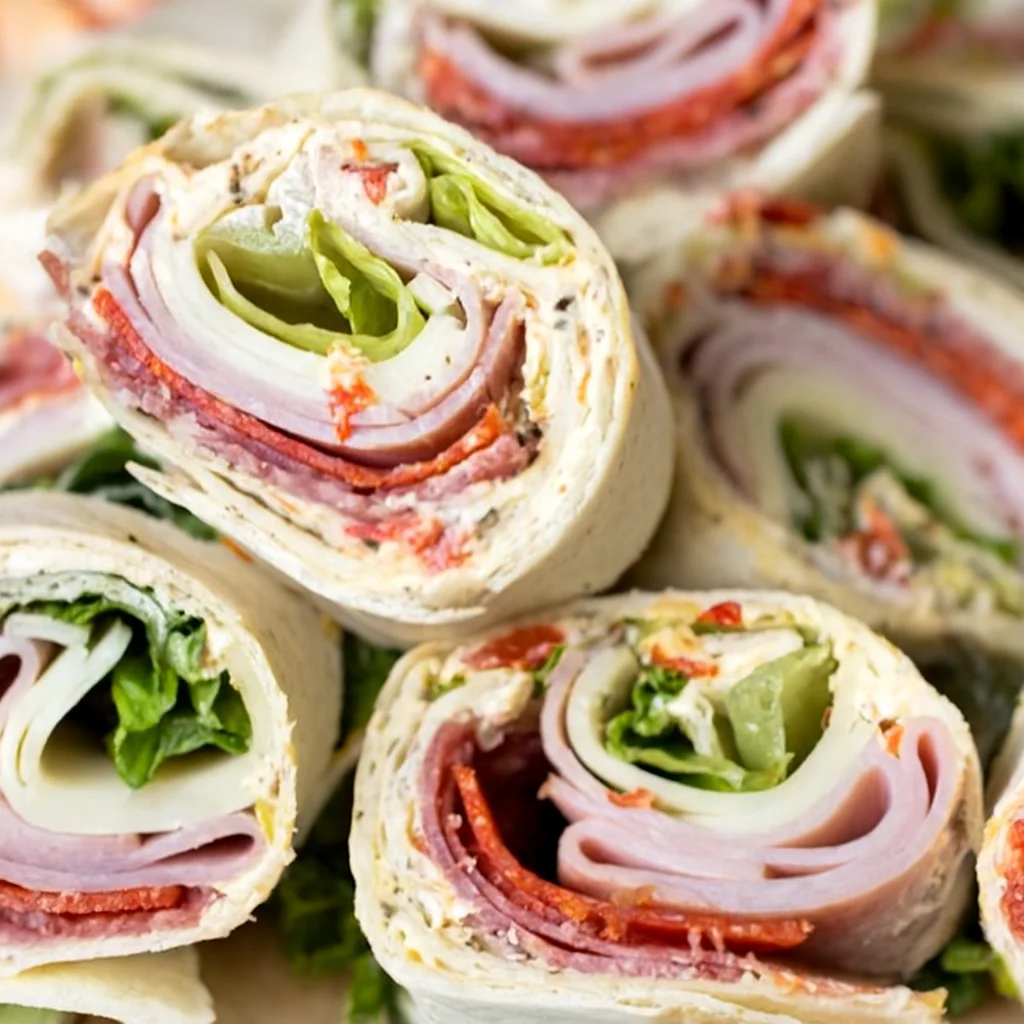 Italian pinwheels filled with cream cheese, salami, and fresh vegetables rolled on a tortilla.