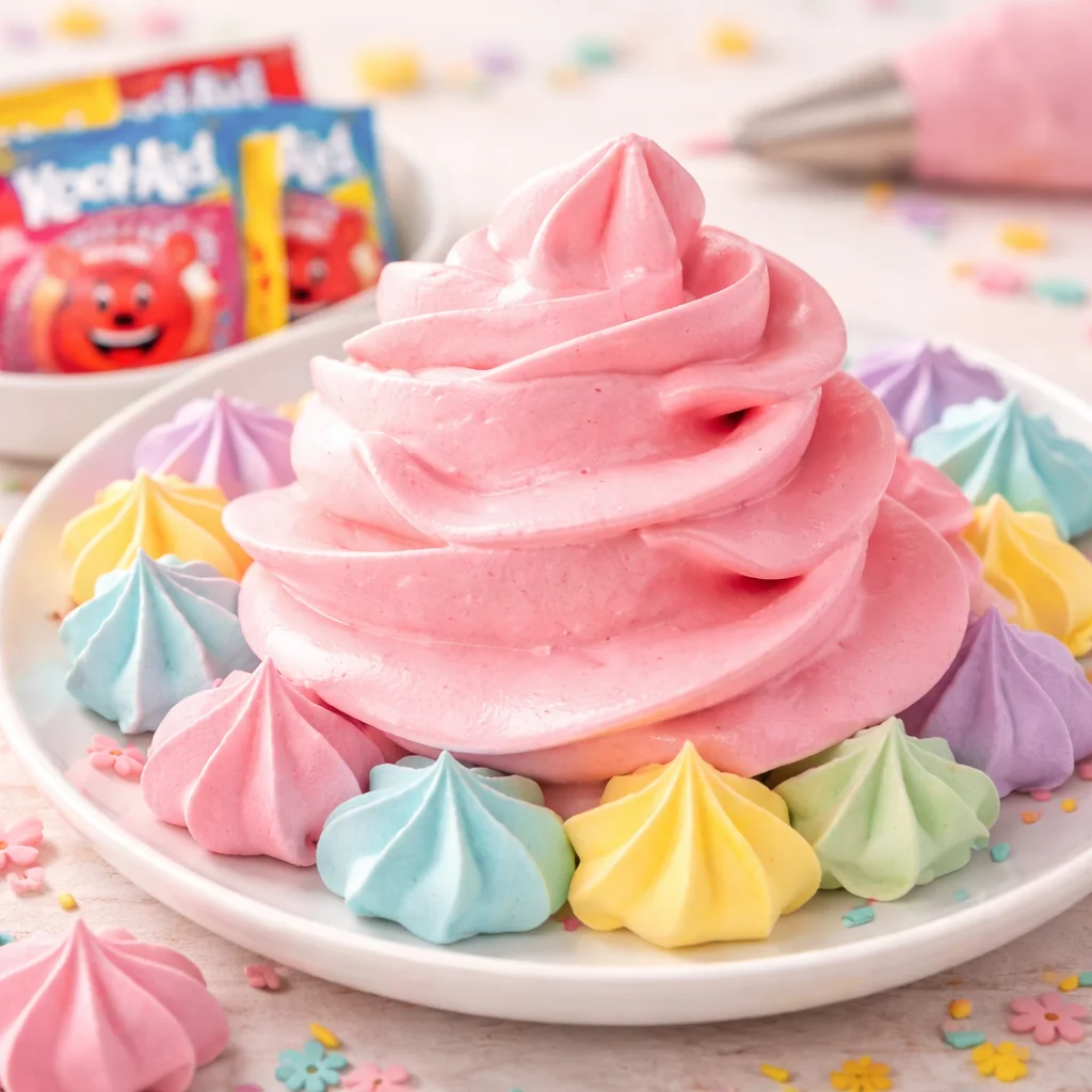 Colorful Kool-Aid Meringue Cookies on a plate, perfect for summer treats.