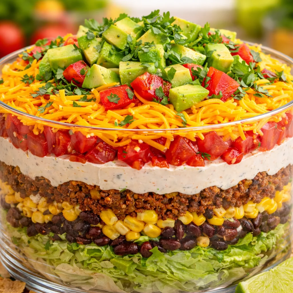 Colorful Layered Taco Salad with beans, beef, and fresh vegetables in a serving dish.