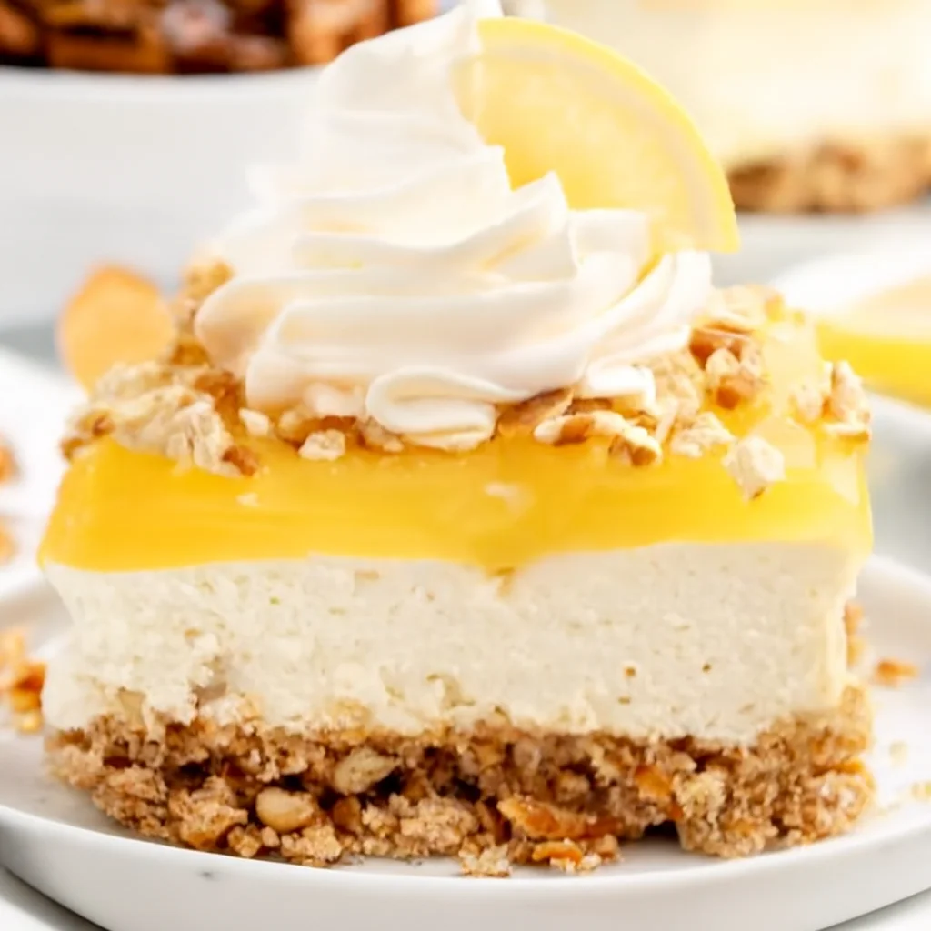 Delicious Lemon Pretzel Dessert with a crunchy pretzel crust and creamy lemon filling.