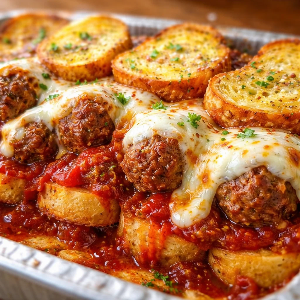 Delicious Meatball Sub Casserole with meatballs, marinara sauce, and melted cheese.