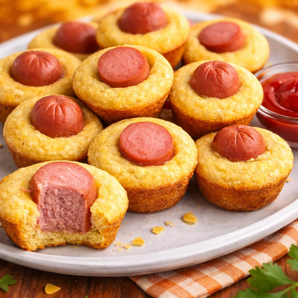 Baked Mini Corn Dog Muffins with juicy hot dogs in fluffy cornbread