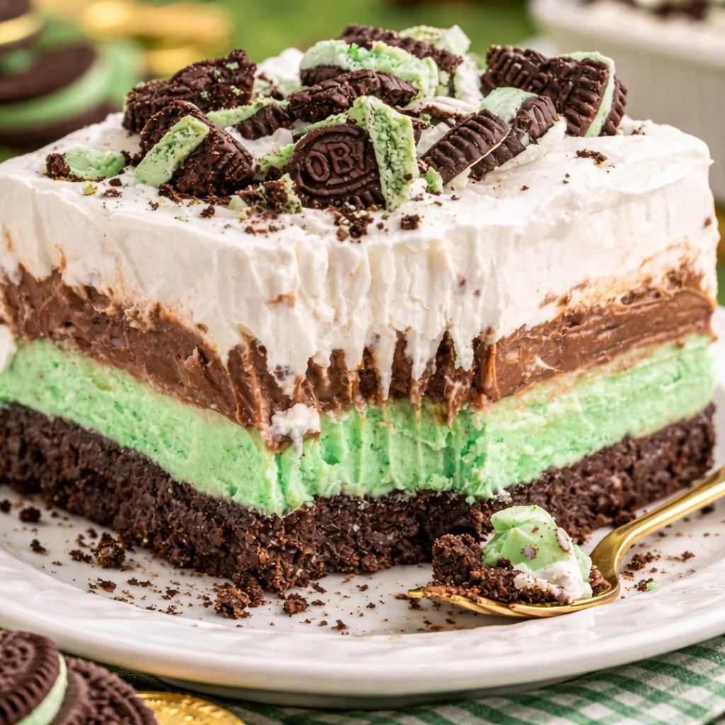 Delicious no-bake Mint Oreo Dessert with layers of cream and crushed Oreos