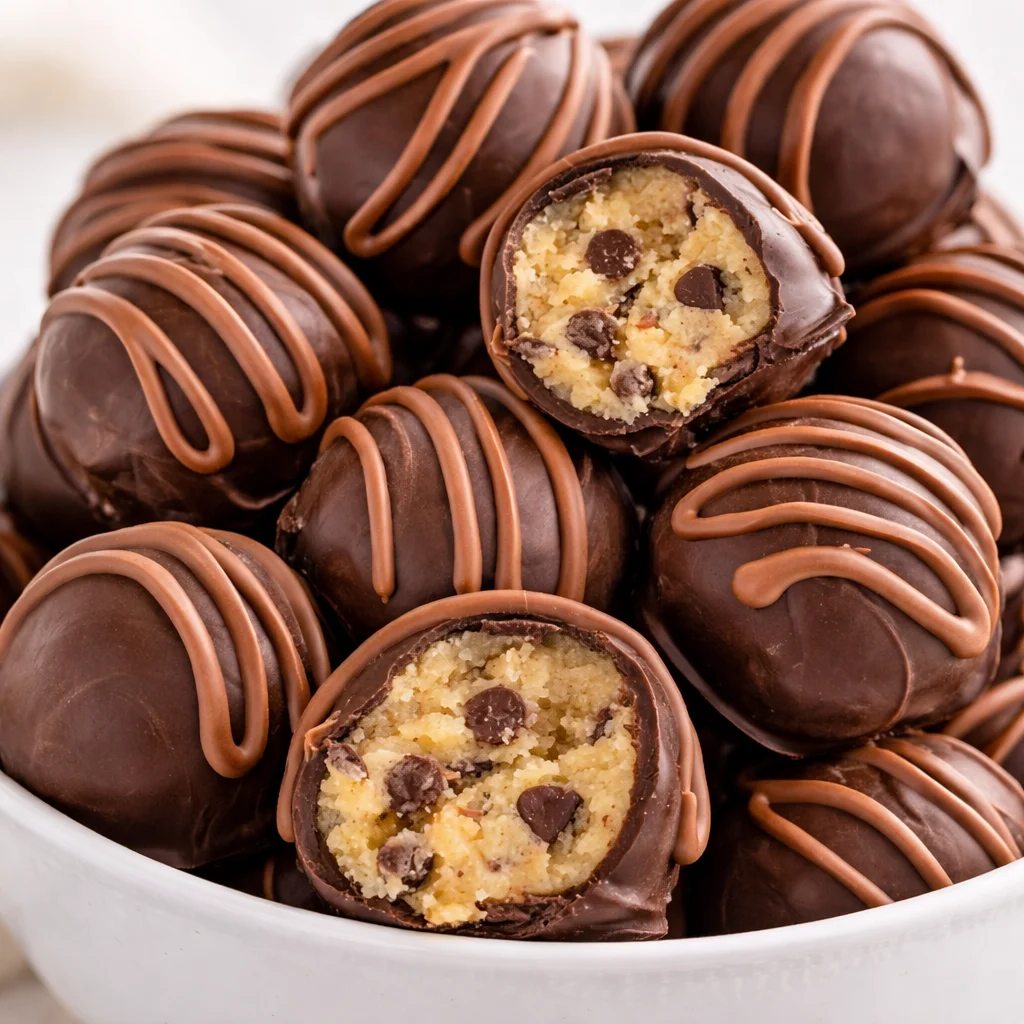 No-bake cookie dough truffles topped with chocolate and sea salt.