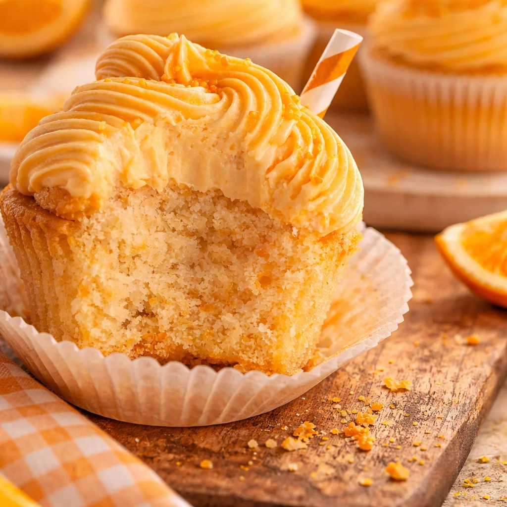 Delicious Orange Crush Cupcakes topped with orange buttercream frosting