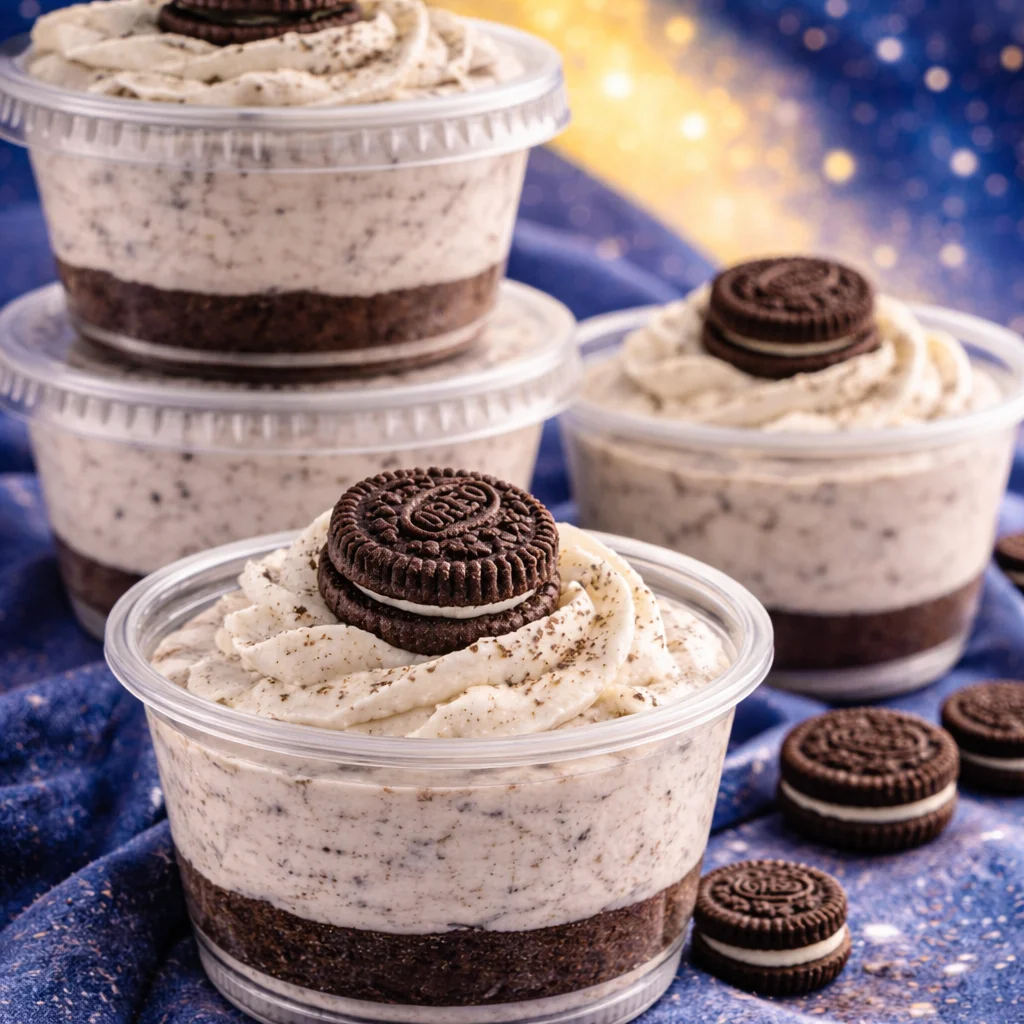 Delicious no-bake OREO DESSERT CUPS with layers of crushed Oreos and creamy cheesecake topping.