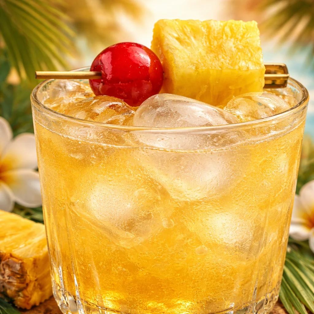 A vibrant Pineapple Rum Punch cocktail served over ice with tropical garnishes.
