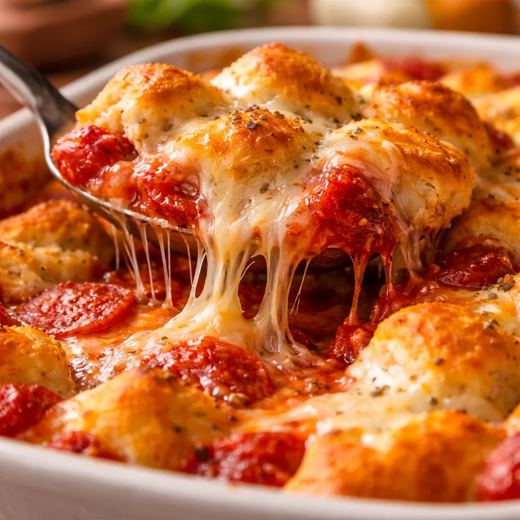 Delicious Pizza Casserole with Biscuits, topped with melted cheese and pepperoni.