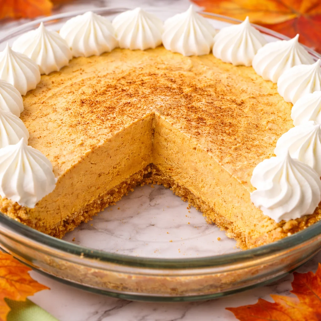 No bake Pumpkin Fluff Pie topped with whipped cream and spices
