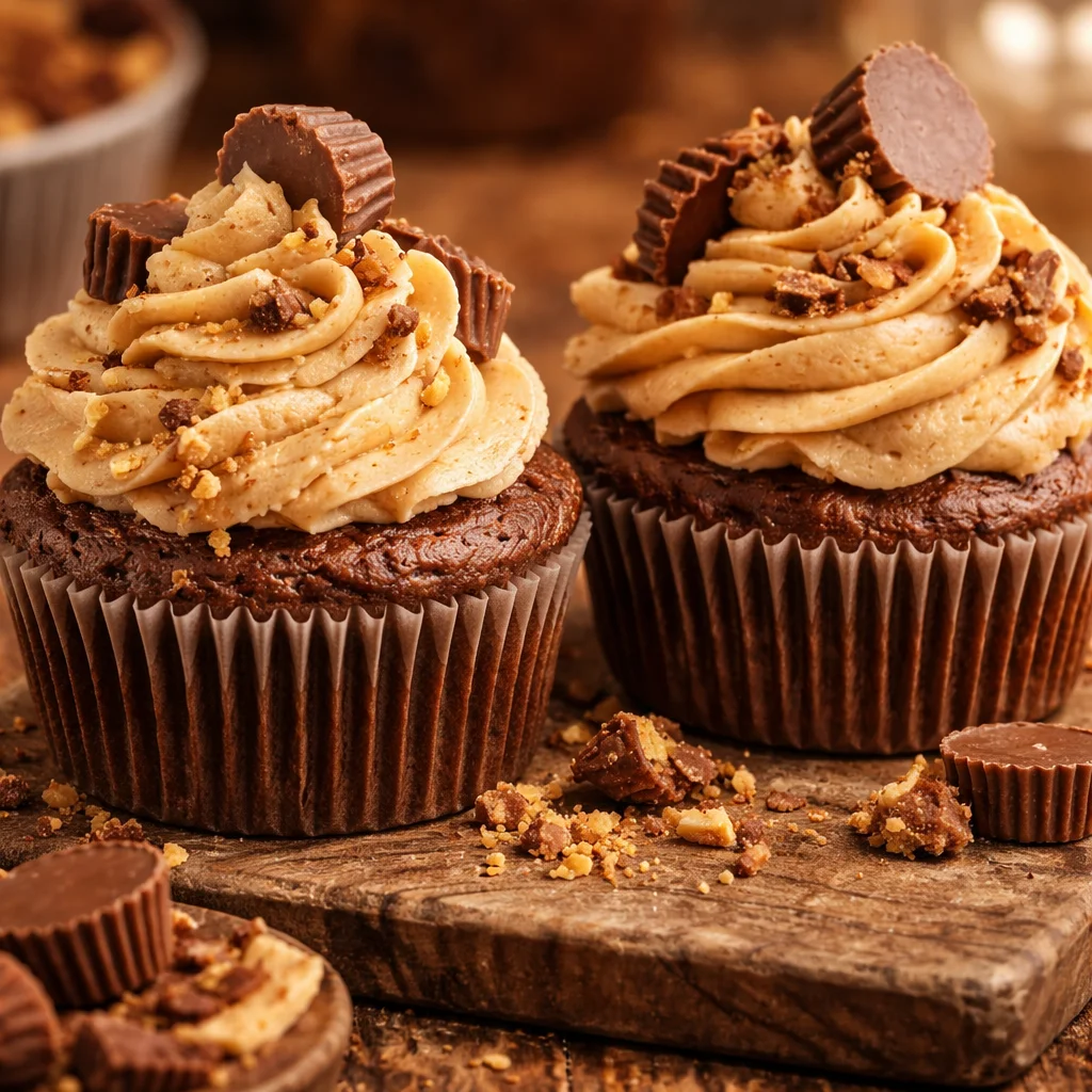 Delicious homemade Reese's Peanut Butter Cupcakes with creamy frosting and chocolate cake.