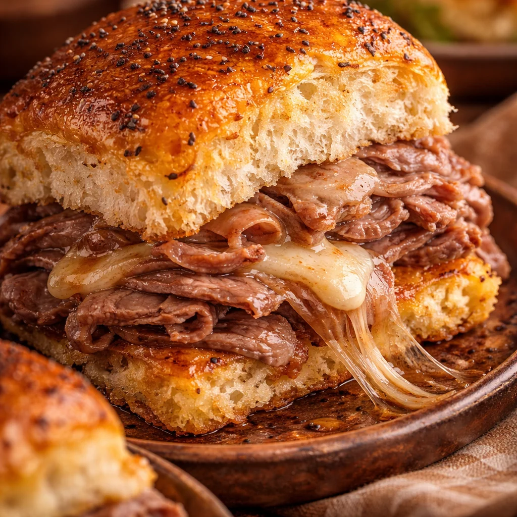 Delicious roast beef sliders topped with melty cheese and butter sauce on a baking sheet.