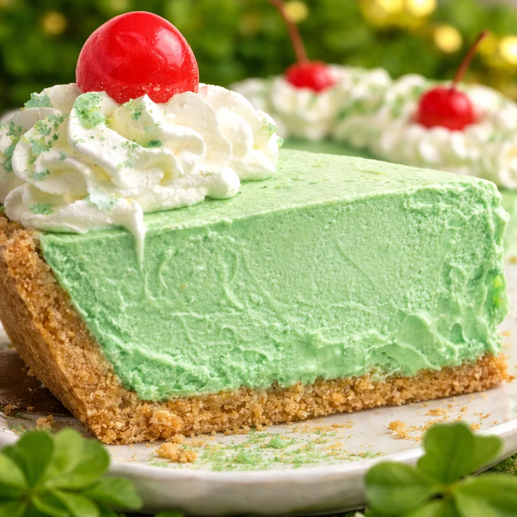 No-bake Shamrock Shake Pie with minty filling and graham cracker crust
