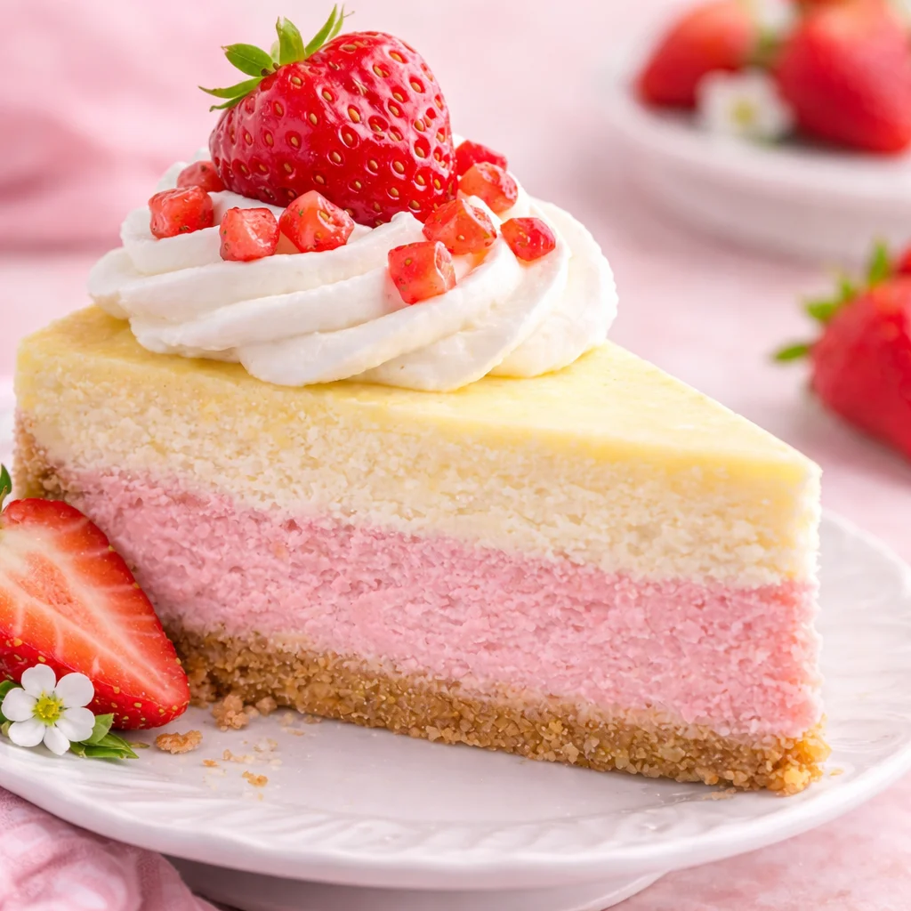 Delicious Strawberries and Cream Cheesecake with layers of strawberry and vanilla