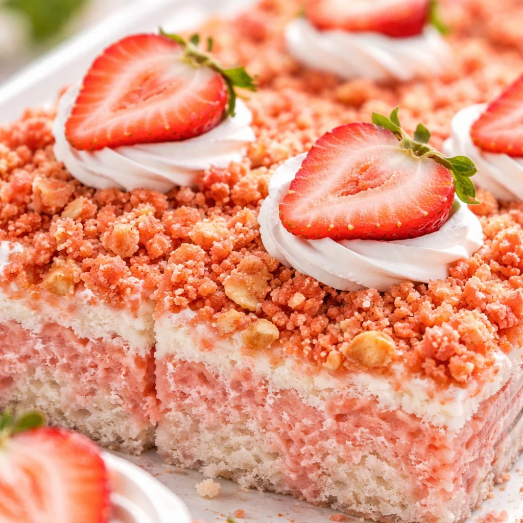 Delicious Strawberry Crunch Poke Cake with whipped cream frosting and crunchy topping