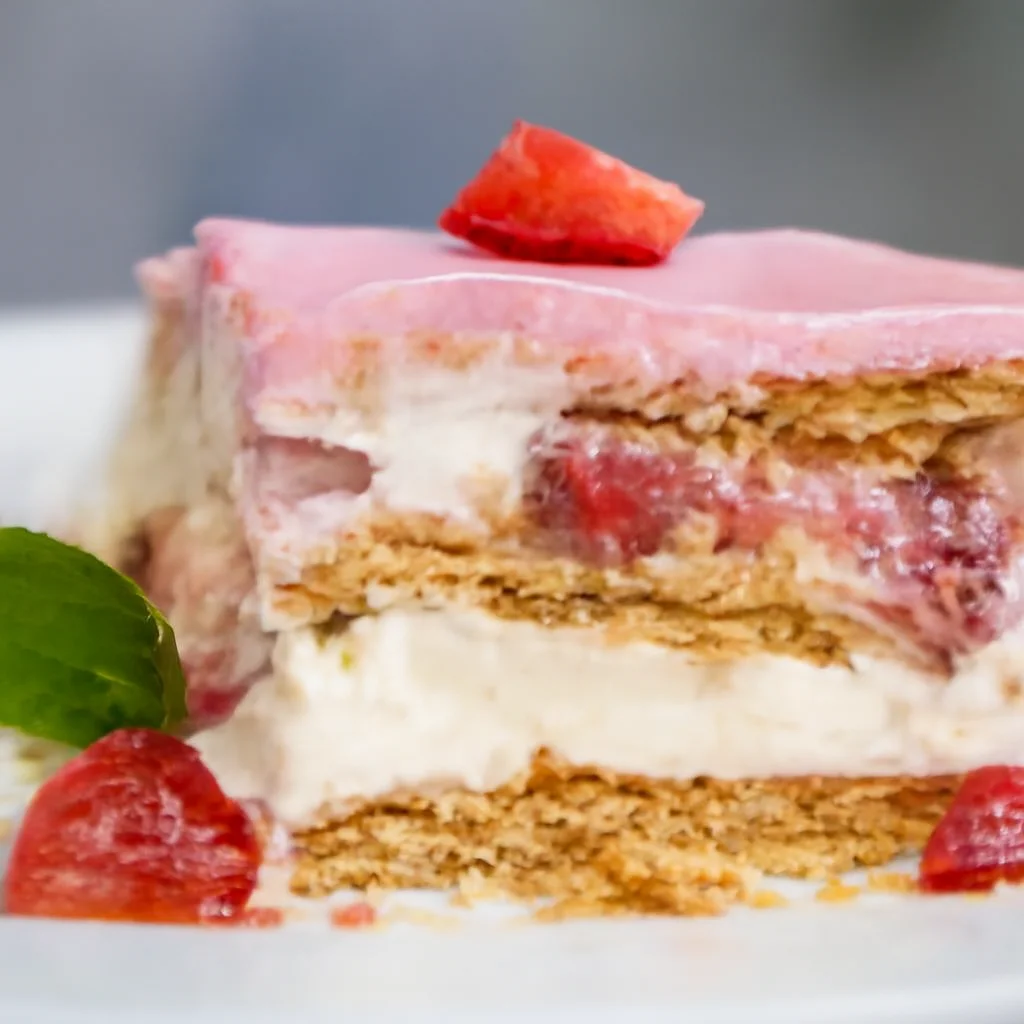 No-bake Strawberry Eclair Cake with layers of pudding, graham crackers, and strawberries.