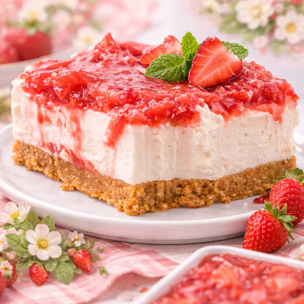 Delicious Strawberry Rhubarb Cheesecake topped with whipped cream and strawberry compote.