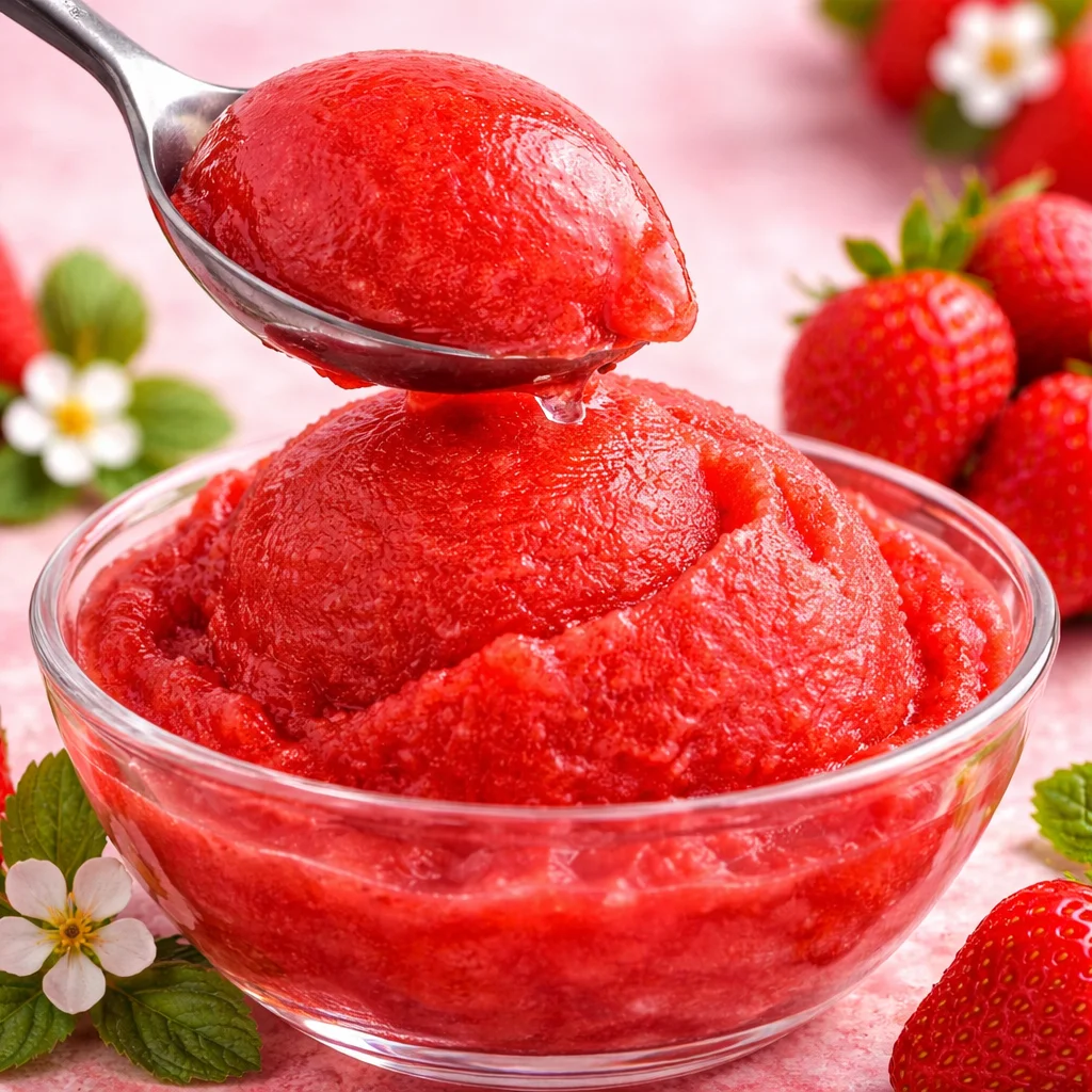 Delicious homemade Strawberry Sorbet made with fresh strawberries and simple ingredients.