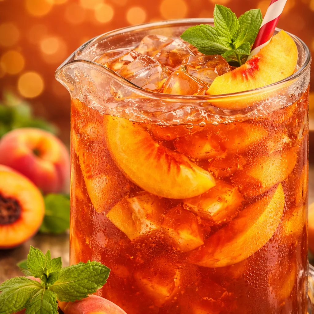 Glasses of Sweet Peach Iced Tea with fresh peach slices and ice cubes