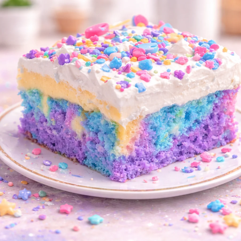 Colorful layered Unicorn Cake with buttercream frosting for festive occasions.