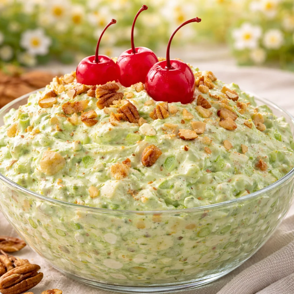 Delicious Watergate salad made with pistachio pudding, pineapple, and marshmallows.