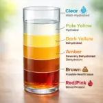 Urine color chart indicating hydration levels from clear to dark yellow.