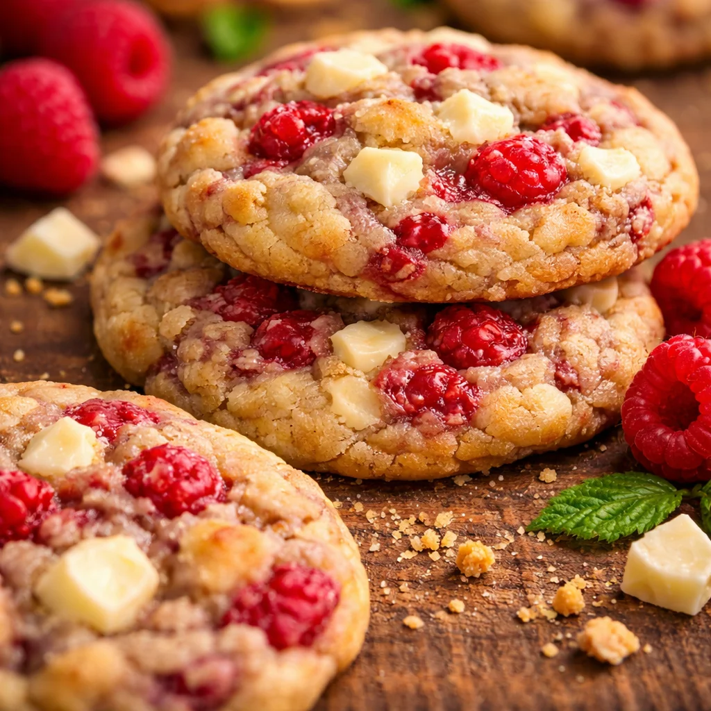 Delicious freshly baked White Chocolate Raspberry Cookies with a chewy texture.