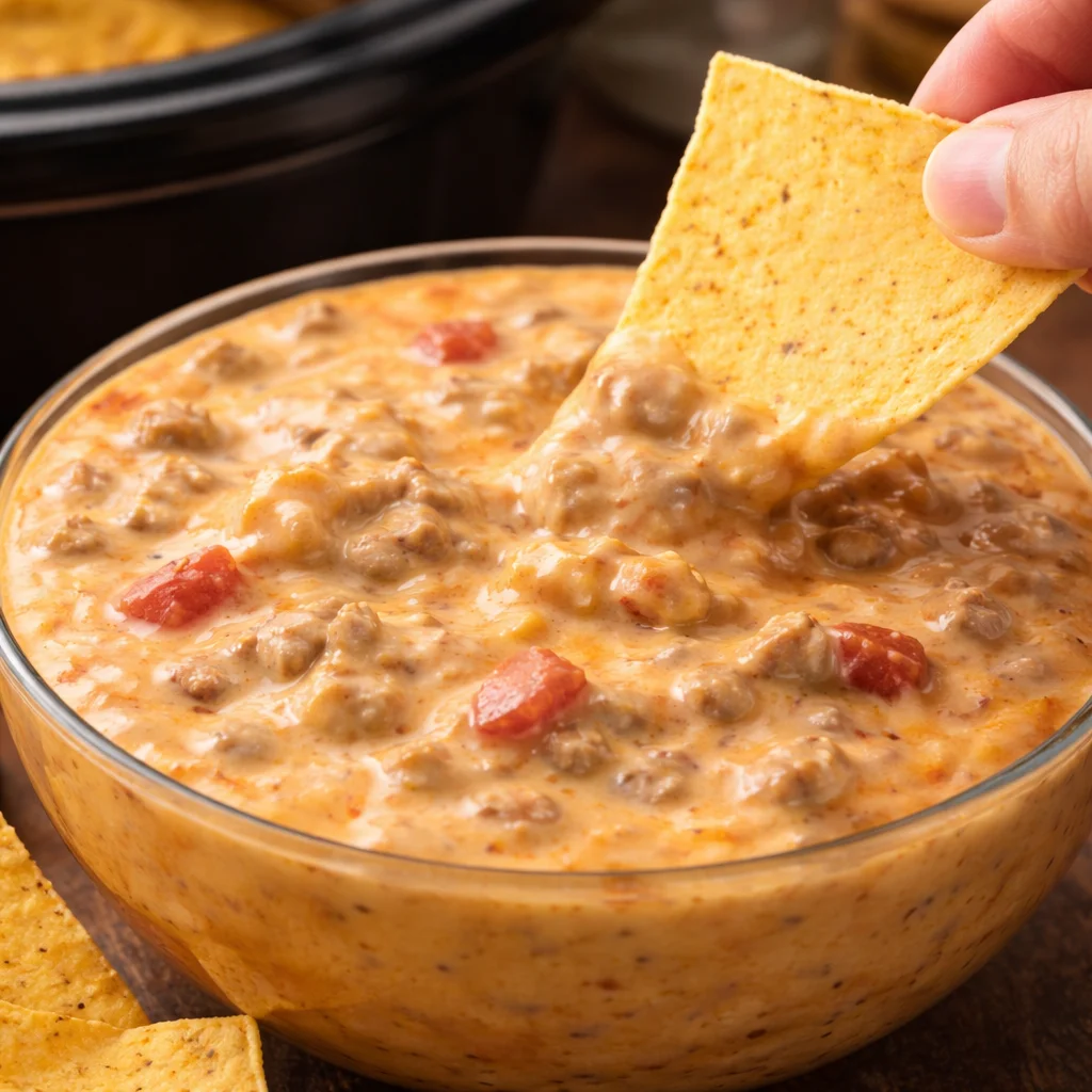 Easy 3-Ingredient Rotel Dip with cream cheese and sausage for parties.