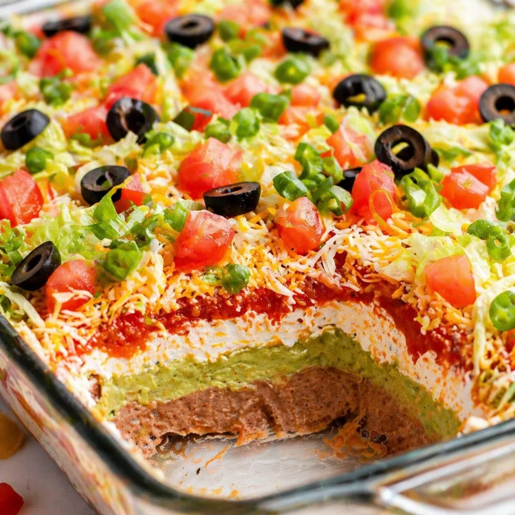 Delicious 7 Layer Dip Recipe with layers of refried beans, guacamole, and cheese.