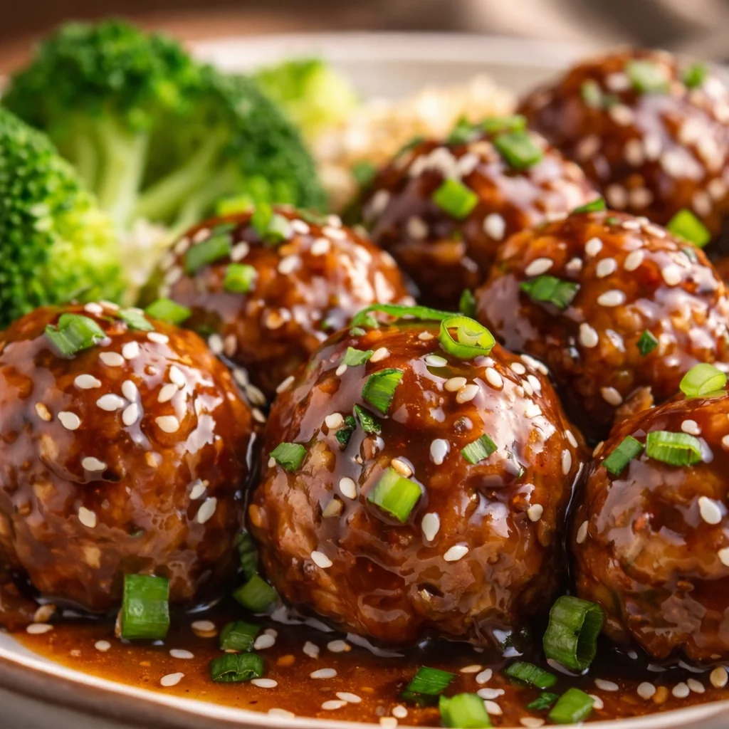 Delicious ASIAN TURKEY MEATBALLS coated in a sweet sauce, perfect for appetizers or meals.