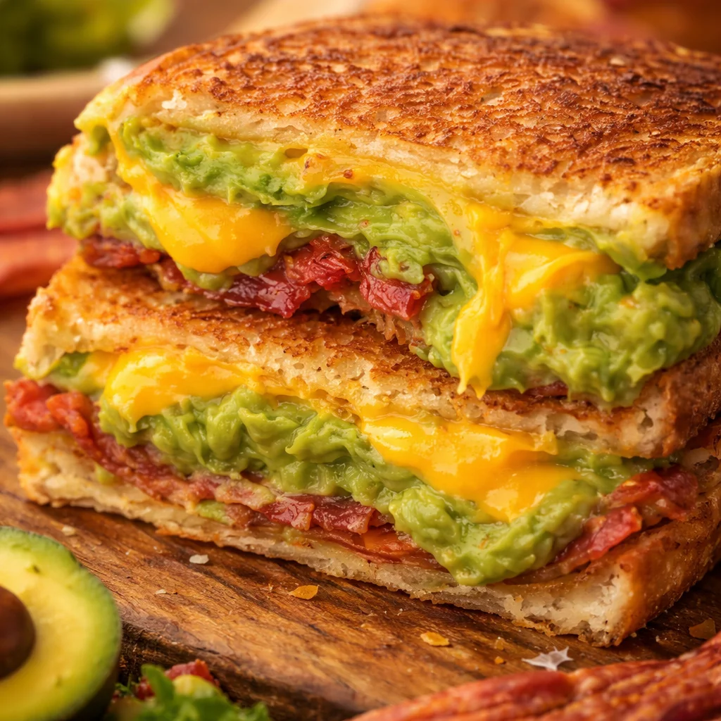 Delicious Bacon Guacamole Grilled Cheese Sandwich with crispy bacon and creamy cheese