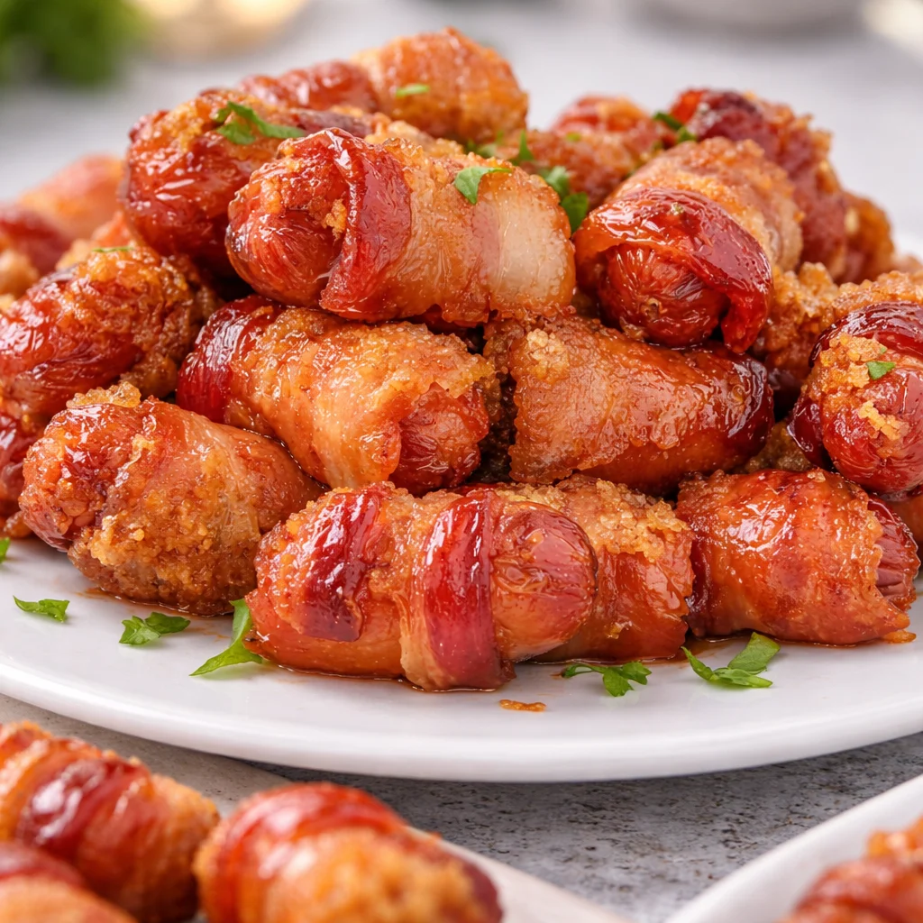 Bacon Wrapped Smokies appetizer topped with brown sugar, ready to serve.