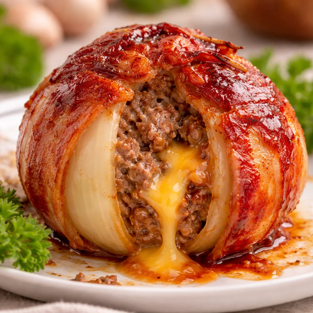 Bacon Wrapped Stuffed Onion Bombs filled with ground beef and cheese, grilled to perfection.