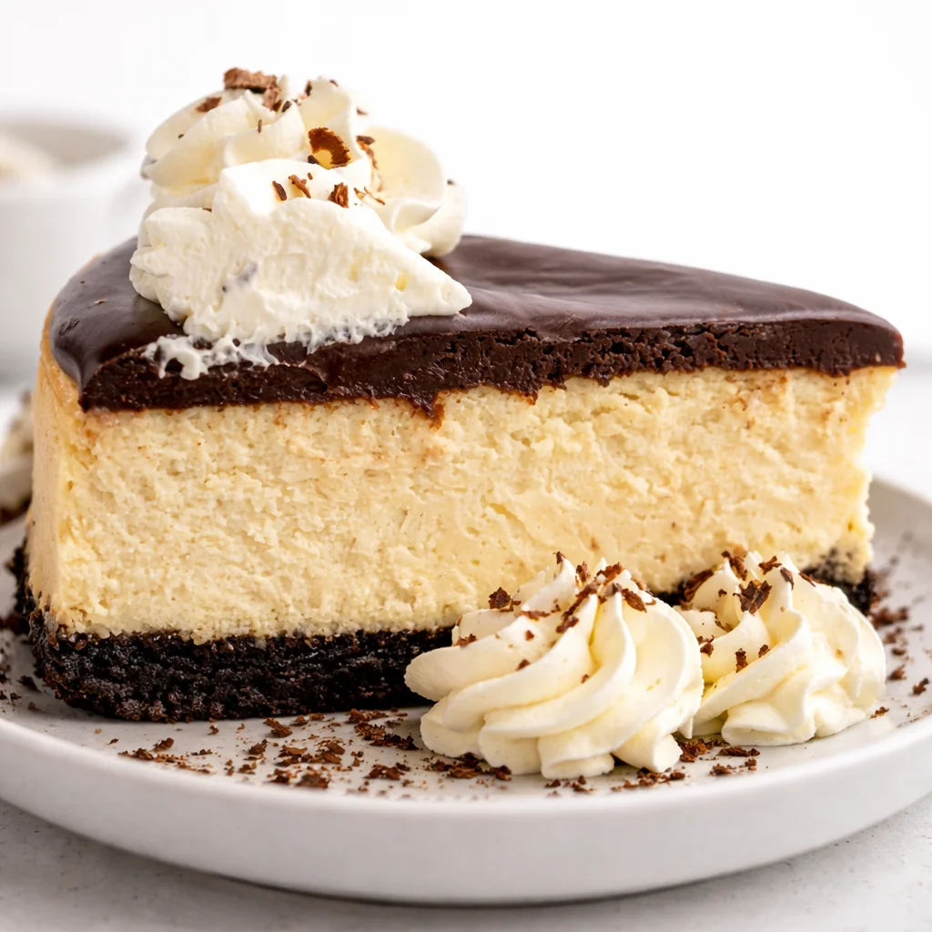 Delicious Bailey's Cheesecake with chocolate crust and ganache topping.