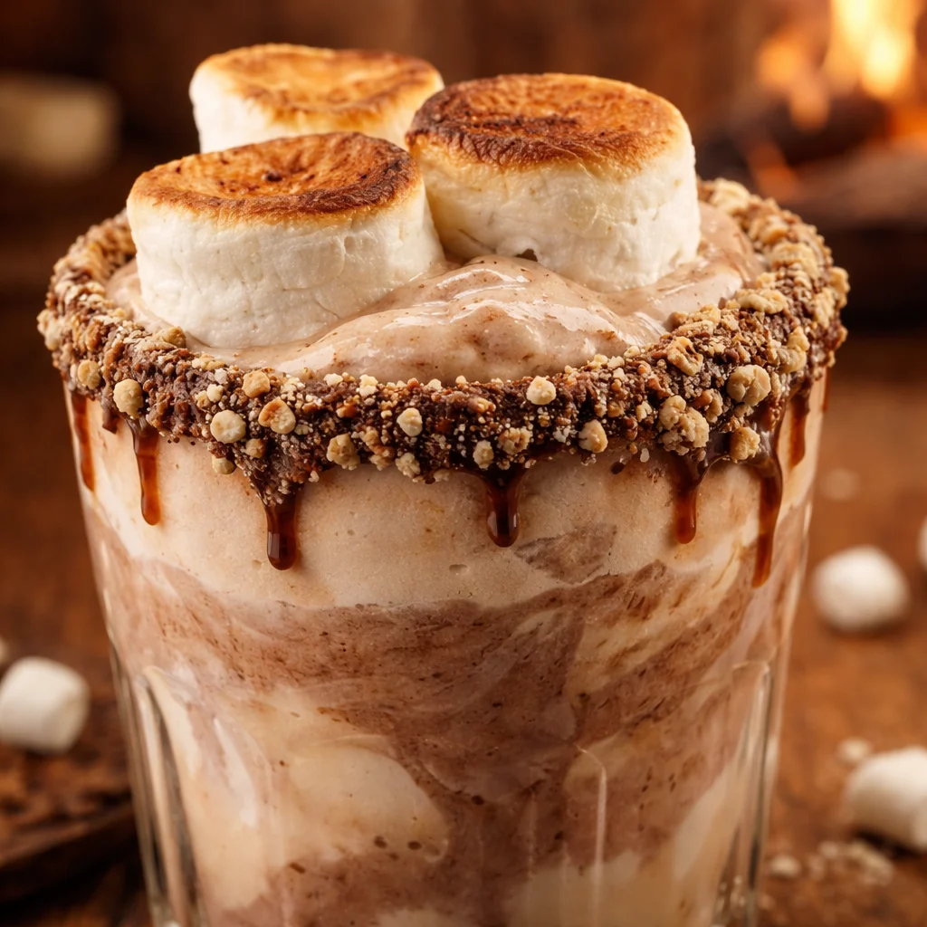 Baileys S'mores Floats with chocolate milk, vanilla ice cream, graham cracker rim, and toasted marshmallows.