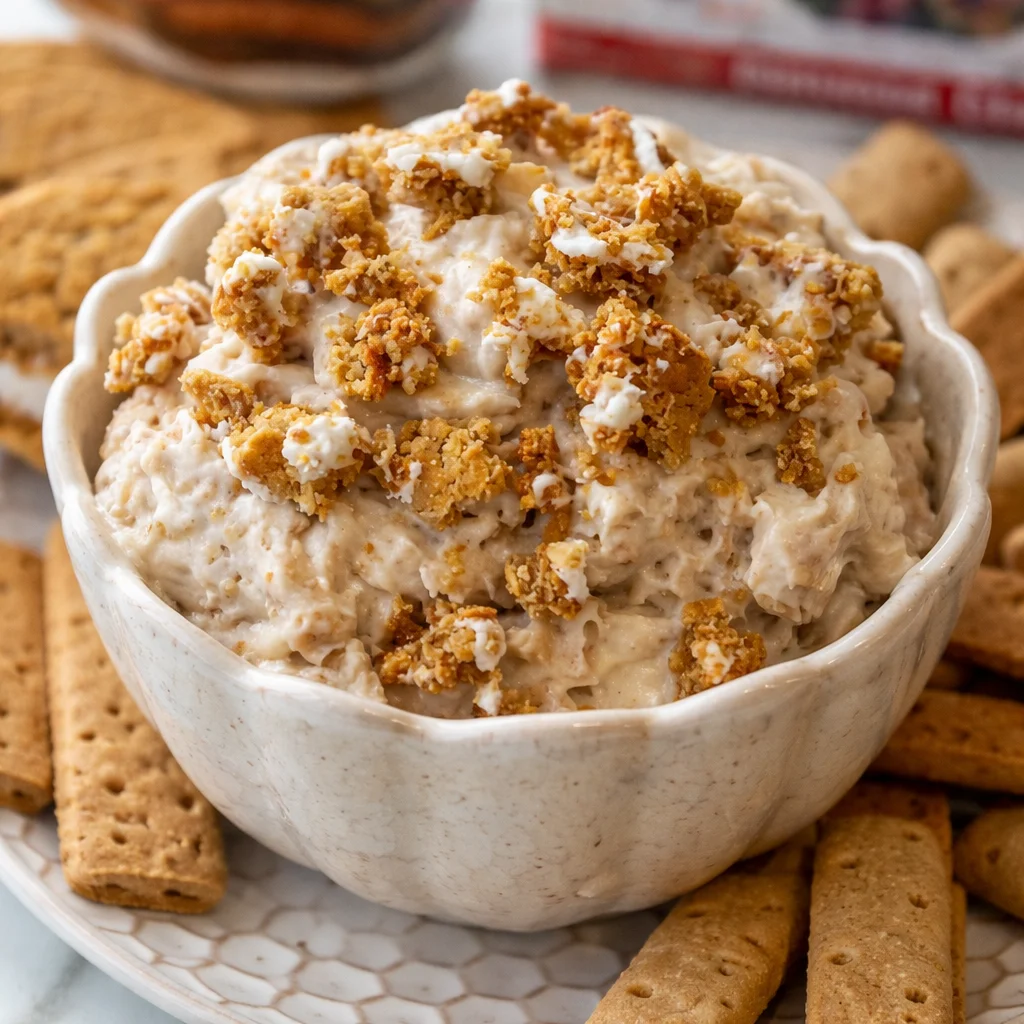 Delicious Best Oatmeal Creme Pie Dessert Dip served in a bowl with a spoon.