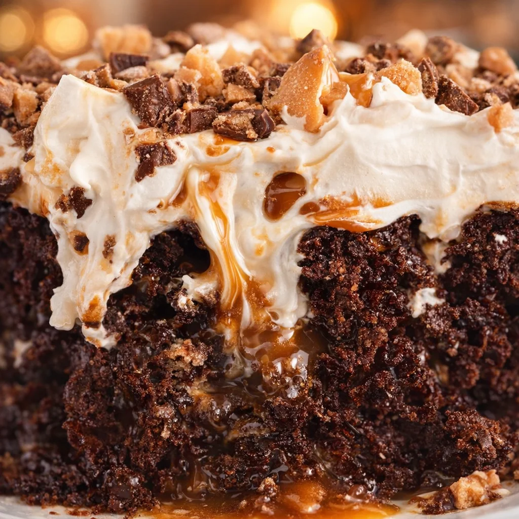 Sliced Better Than Anything Cake topped with whipped cream and toffee bits